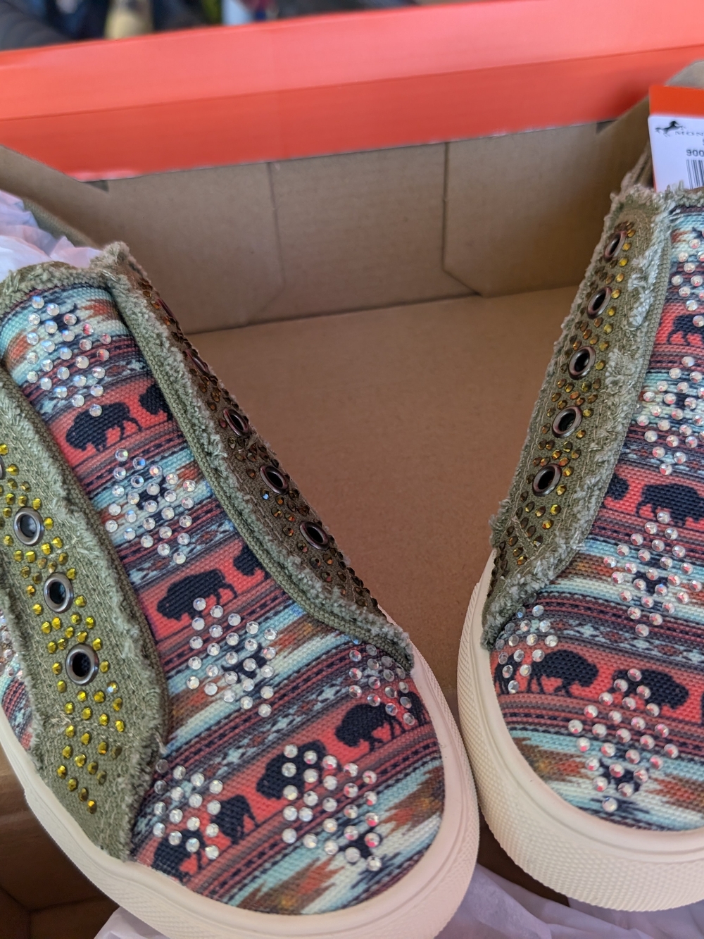Montana West Olive & Coral Slip-On Rhinestone Sneakers